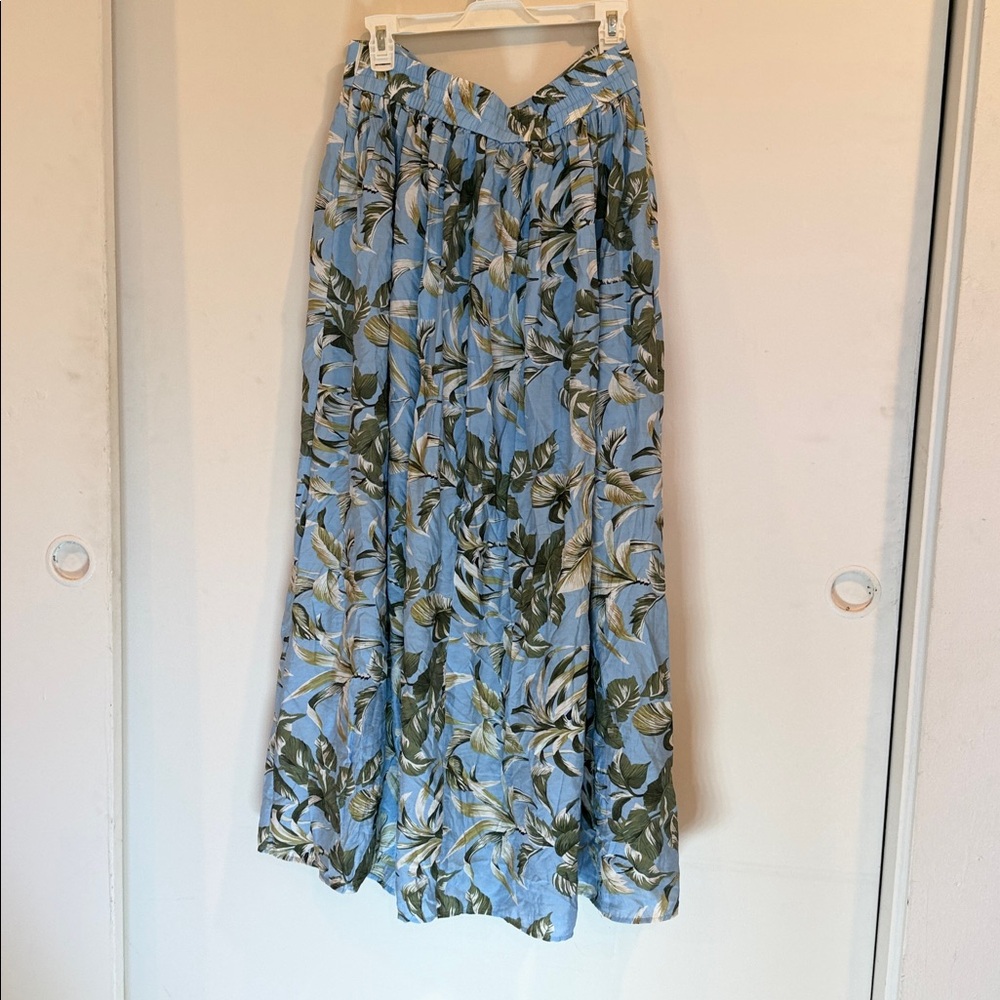 Light Blue Floral Maxi Skirt with Green Leaf Print - Picture 6 of 9
